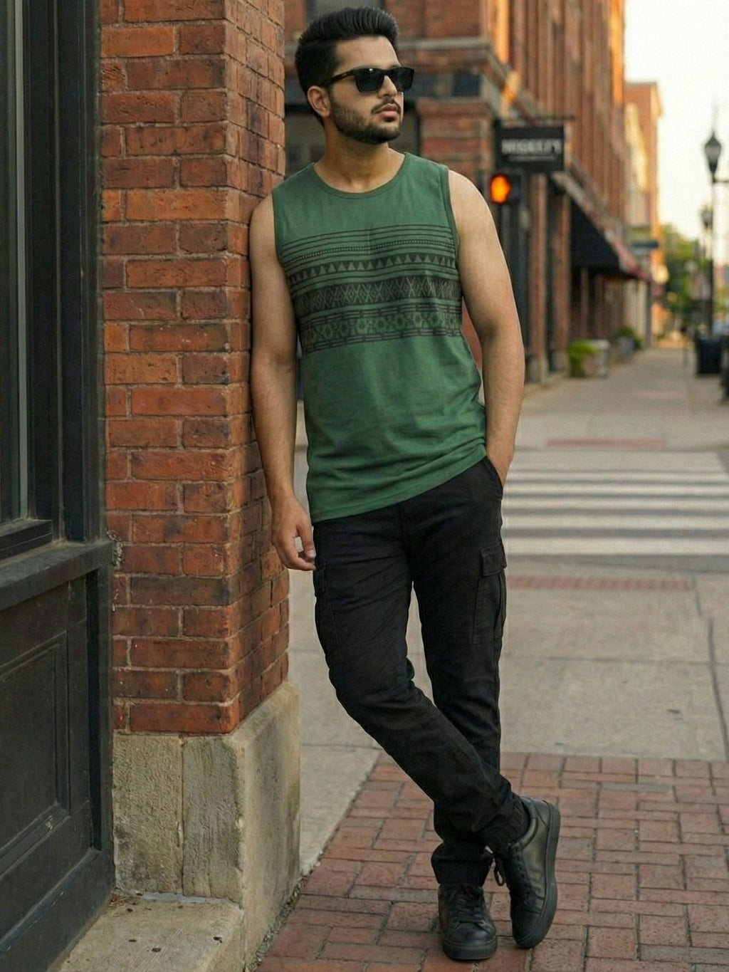 Bottle Green Jersey Geometric Print Regular Fit Vest