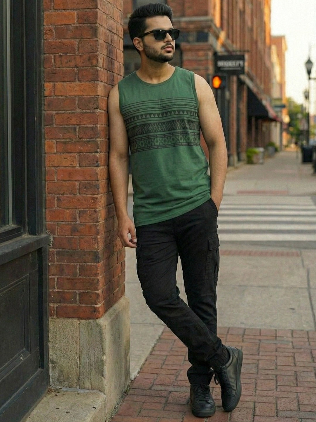 Bottle Green Jersey Geometric Print Regular Fit Vest