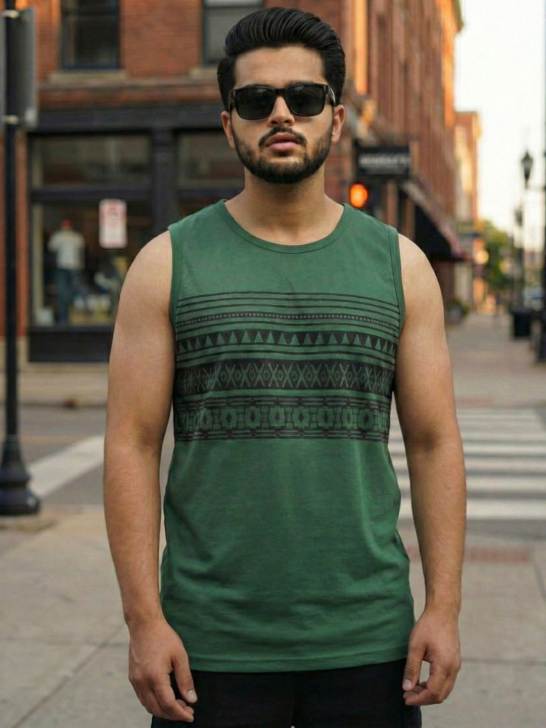 Bottle Green Jersey Geometric Print Regular Fit Vest