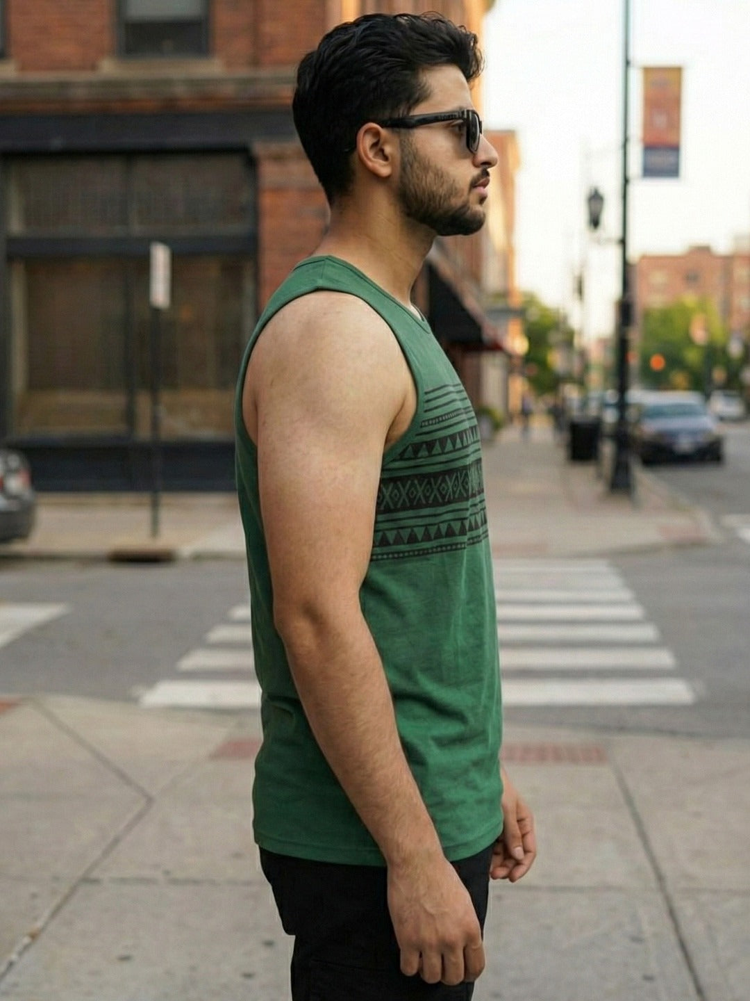 Bottle Green Jersey Geometric Print Regular Fit Vest