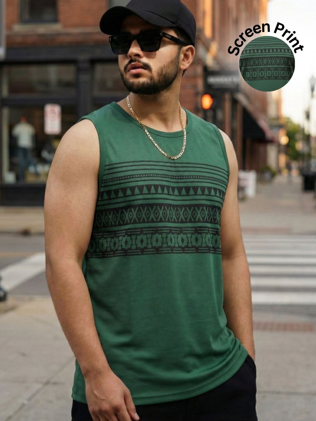 Bottle Green Jersey Geometric Print Regular Fit Vest