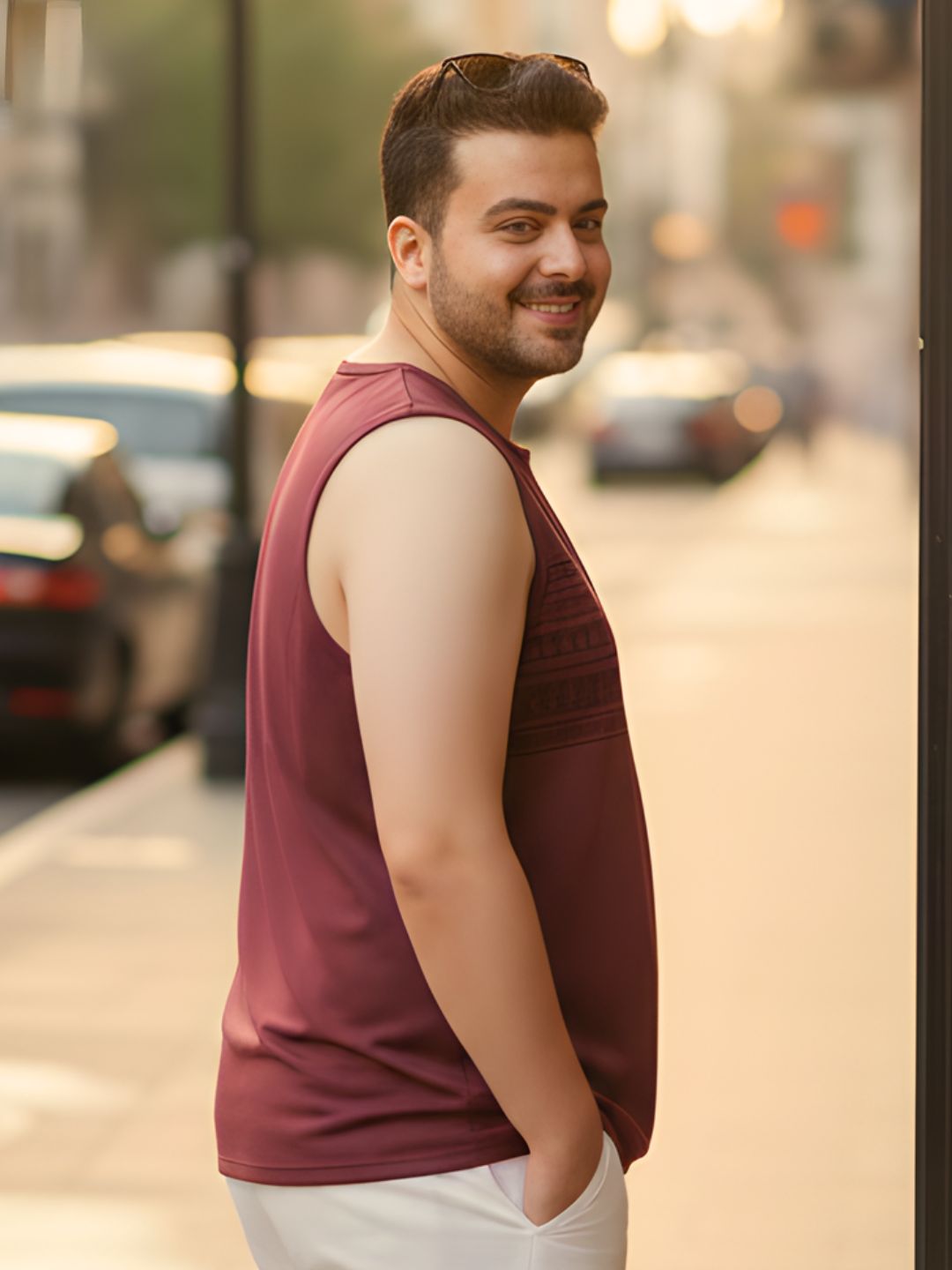 Maroon Jersey Geometric Print Regular Fit Vest