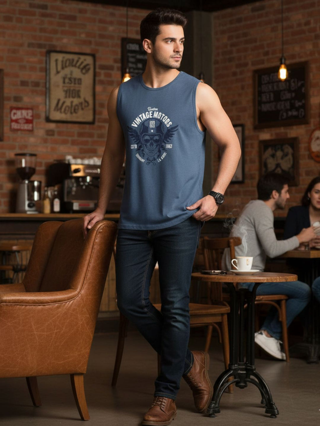 Blue Jersey Graphic Print Regular Fit Vest T-Shirt