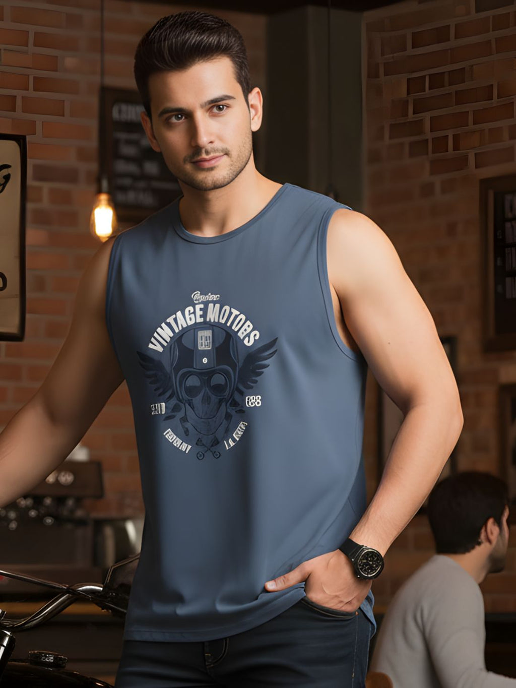 Blue Jersey Graphic Print Regular Fit Vest T-Shirt