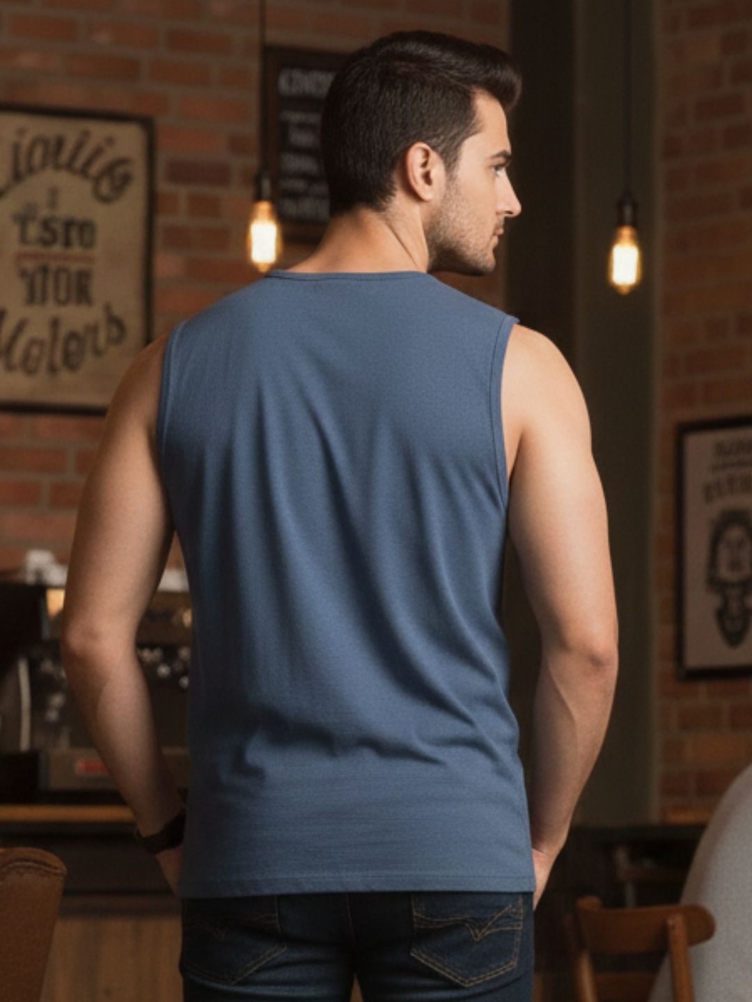 Blue Jersey Graphic Print Regular Fit Vest T-Shirt