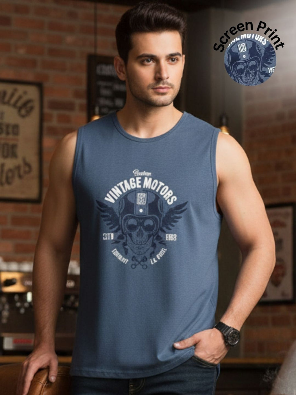 Blue Jersey Graphic Print Regular Fit Vest T-Shirt