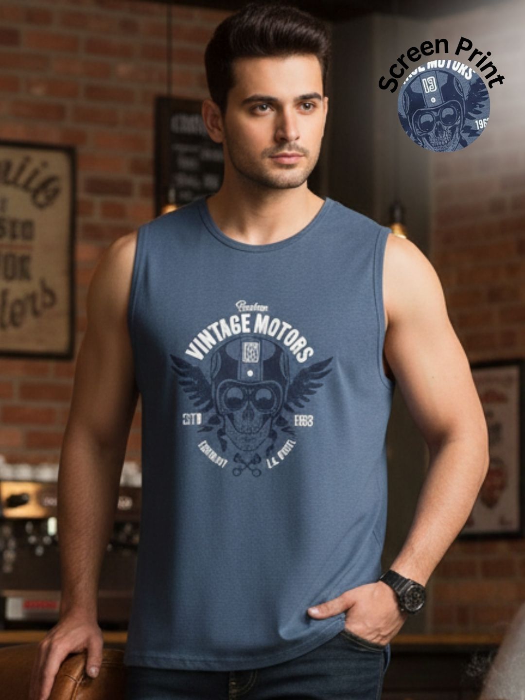 Blue Jersey Graphic Print Regular Fit Vest T-Shirt