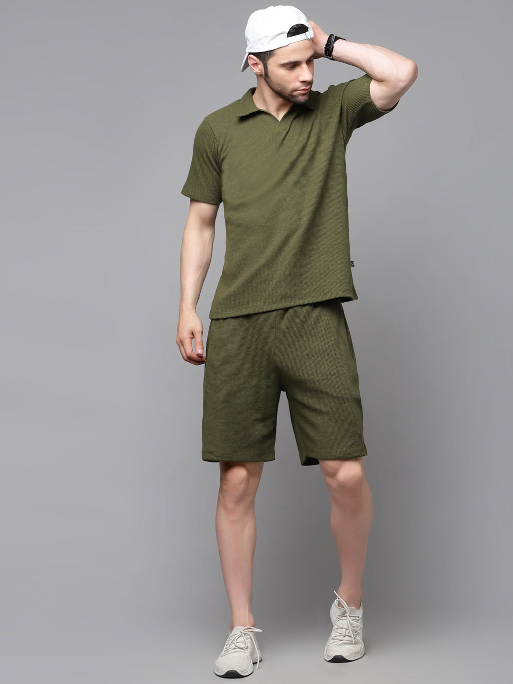 Self Textured Waffle Knit Olive green Co-Ord Set