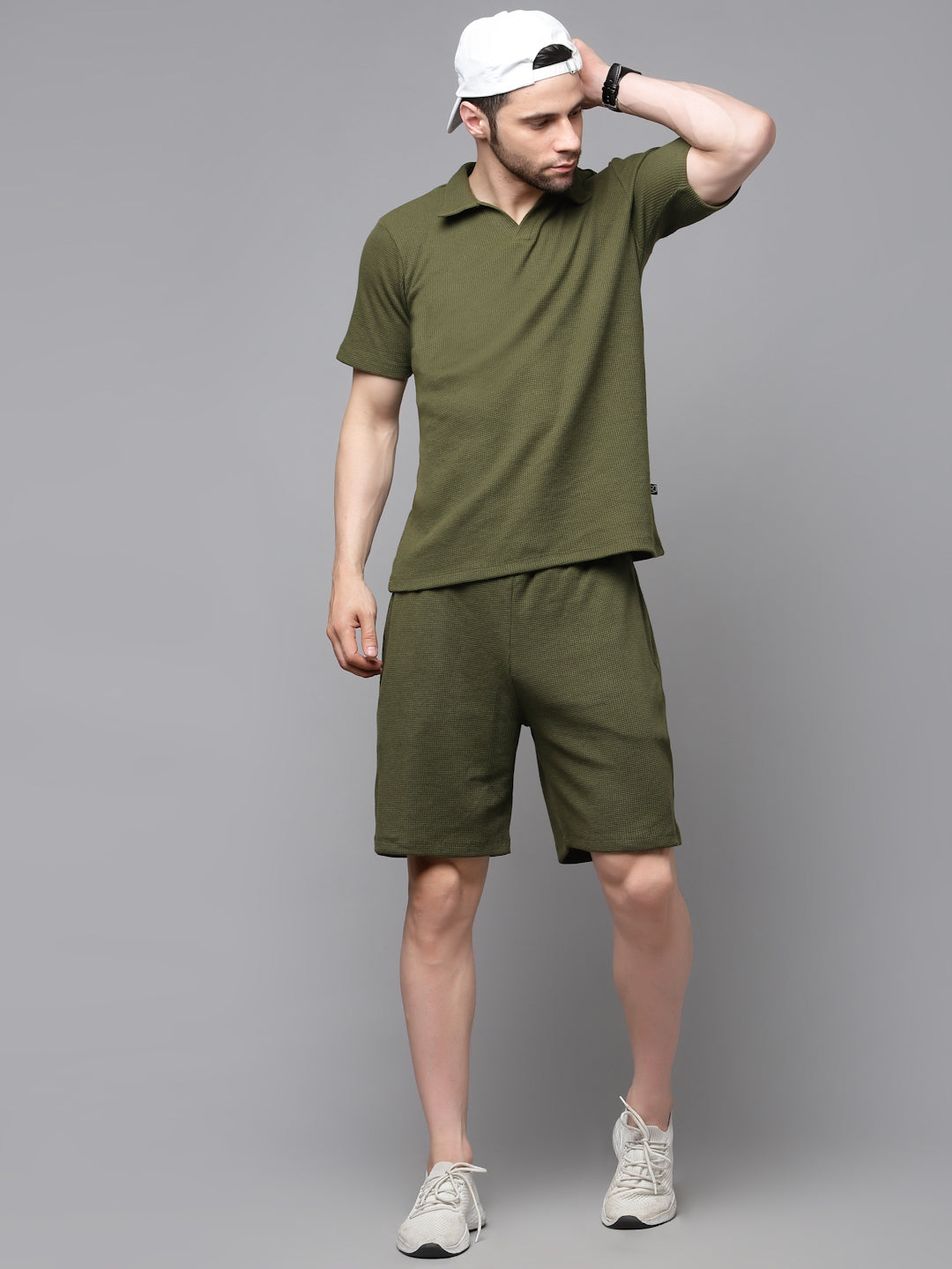 Self Textured Waffle Knit Olive green Co-Ord Set
