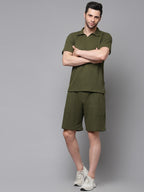Self Textured Waffle Knit Olive green Co-Ord Set