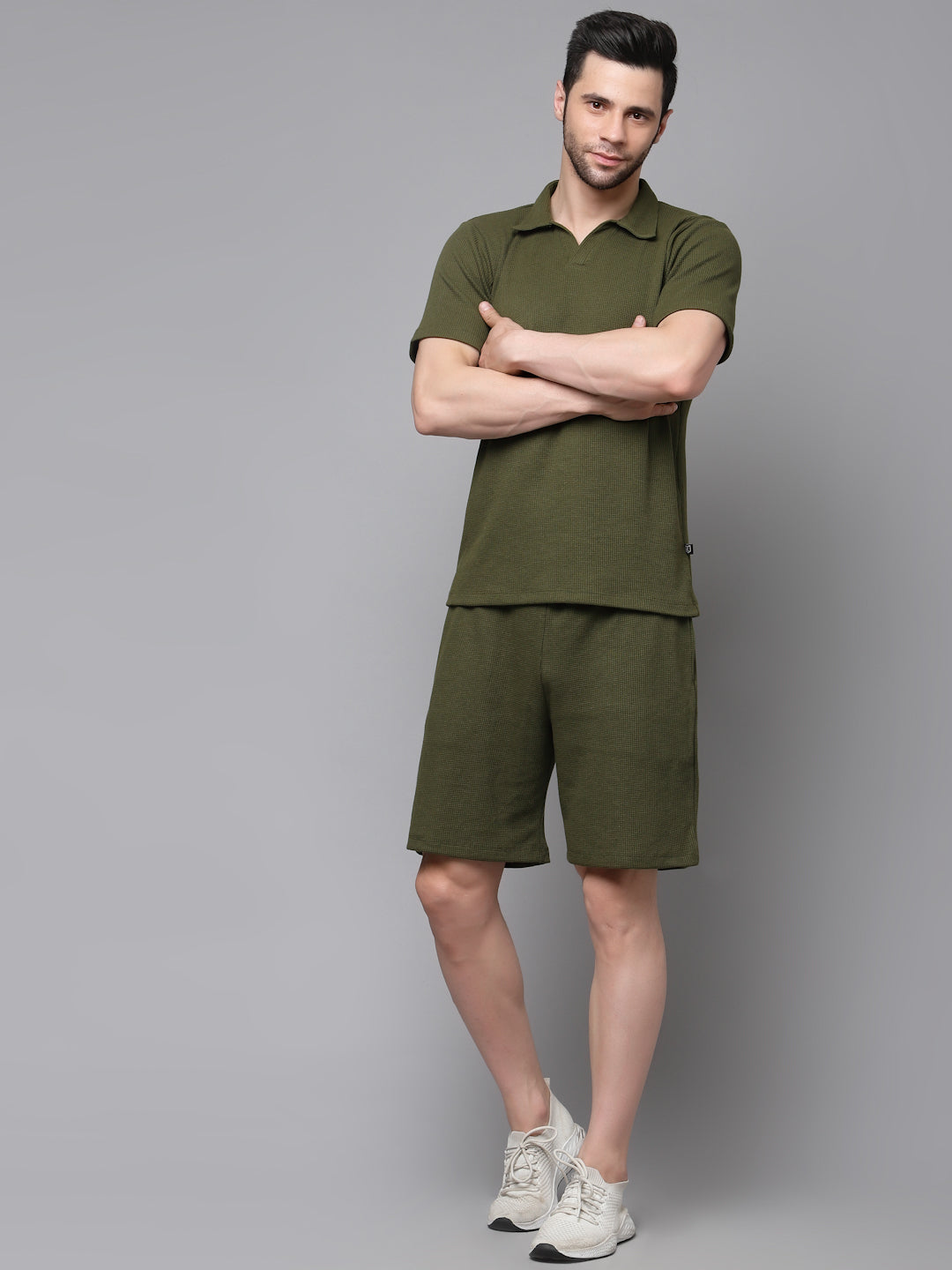 Self Textured Waffle Knit Olive green Co-Ord Set