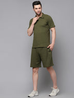 Self Textured Waffle Knit Olive green Co-Ord Set