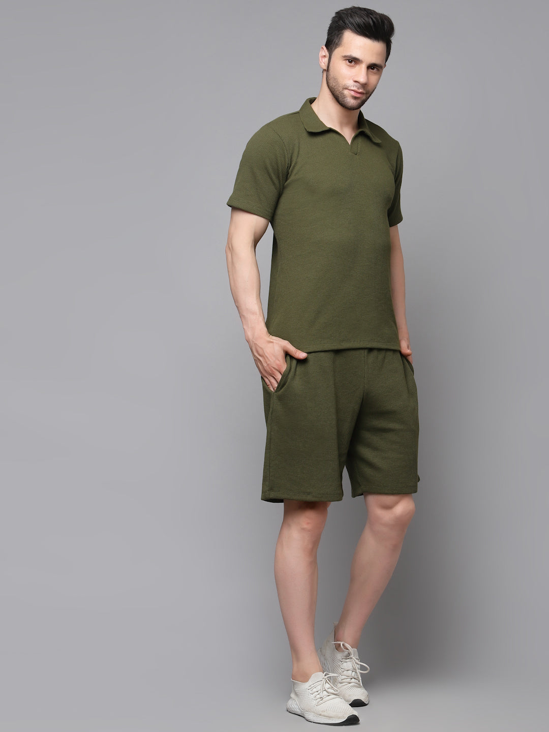 Self Textured Waffle Knit Olive green Co-Ord Set