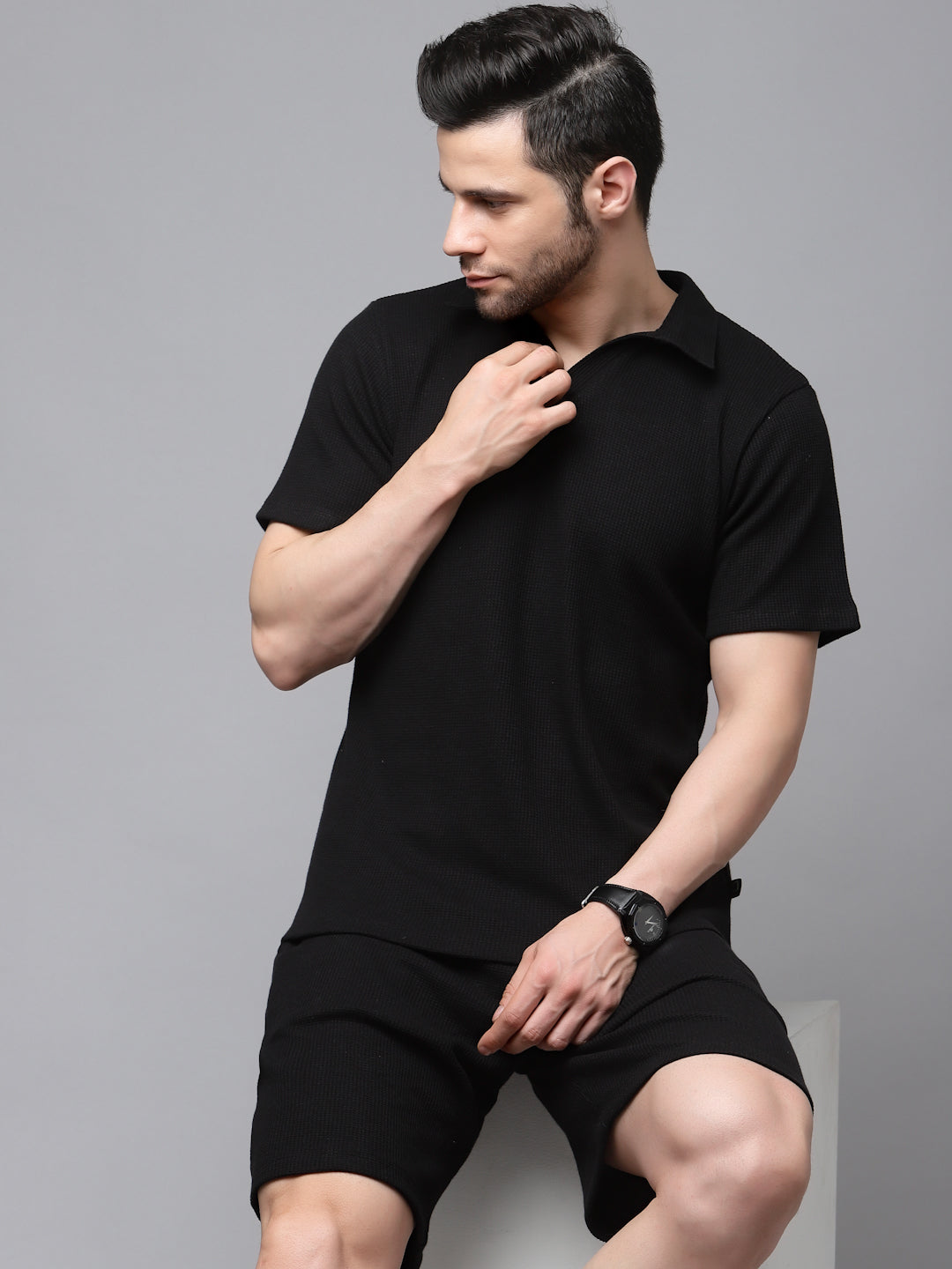 Self Textured Waffle Knit Black Co-Ord Set