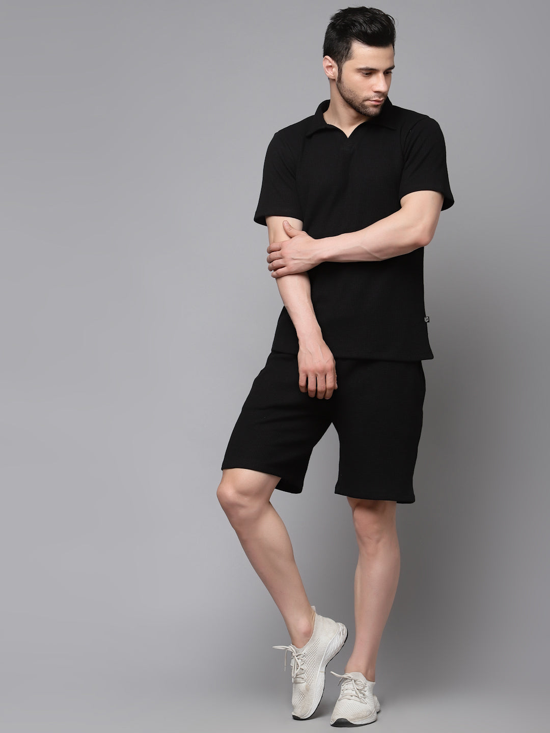 Self Textured Waffle Knit Black Co-Ord Set