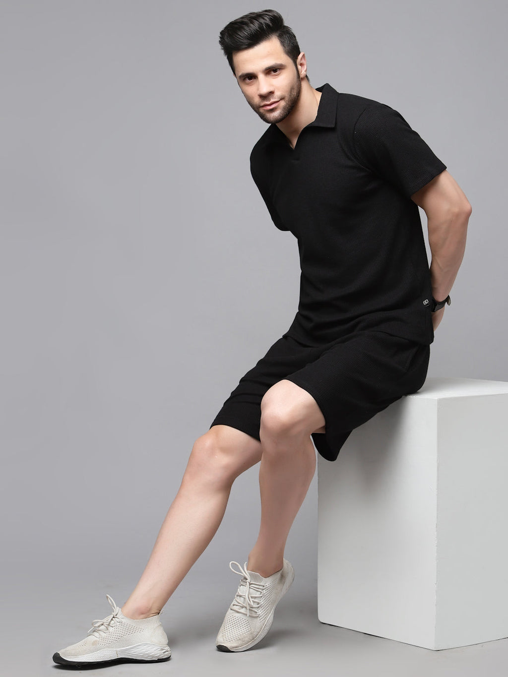 Self Textured Waffle Knit Black Co-Ord Set