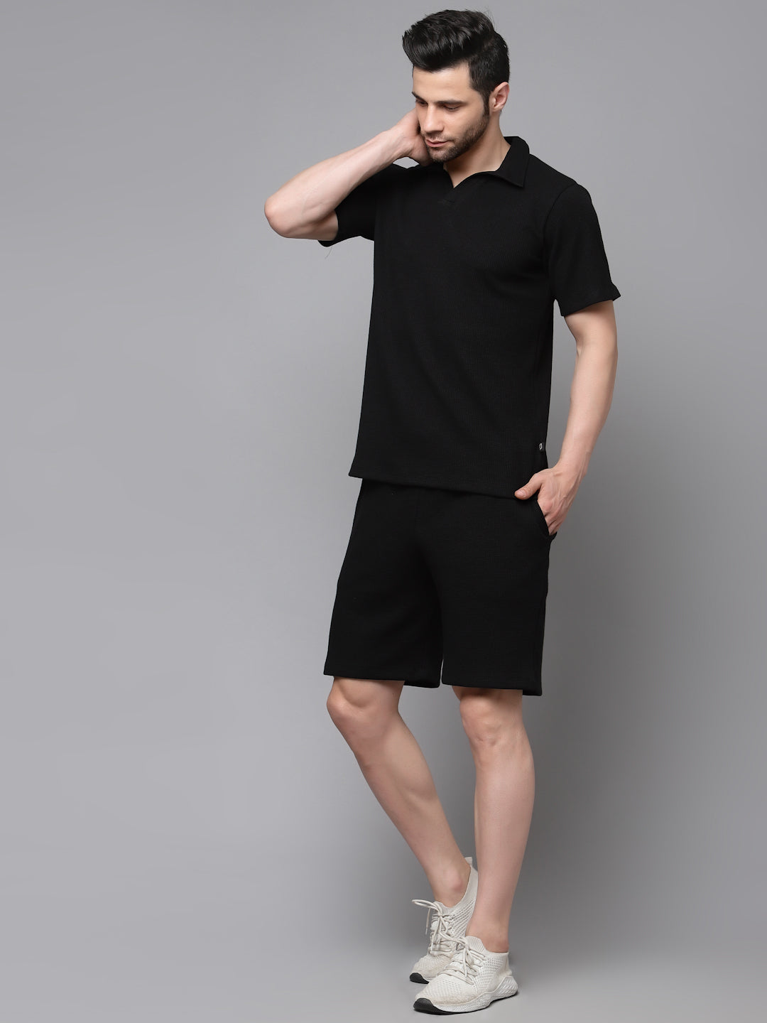 Self Textured Waffle Knit Black Co-Ord Set