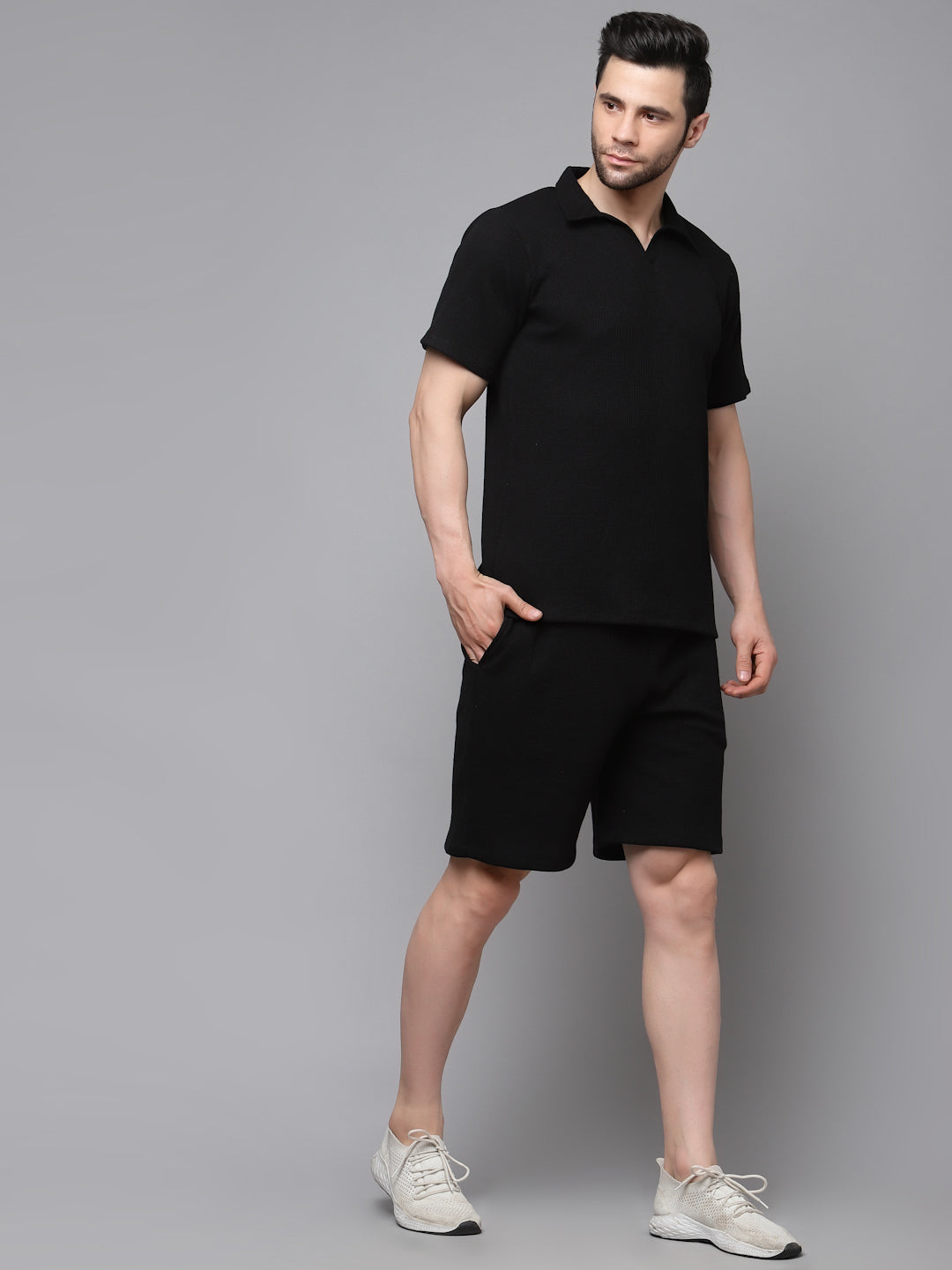 Self Textured Waffle Knit Black Co-Ord Set