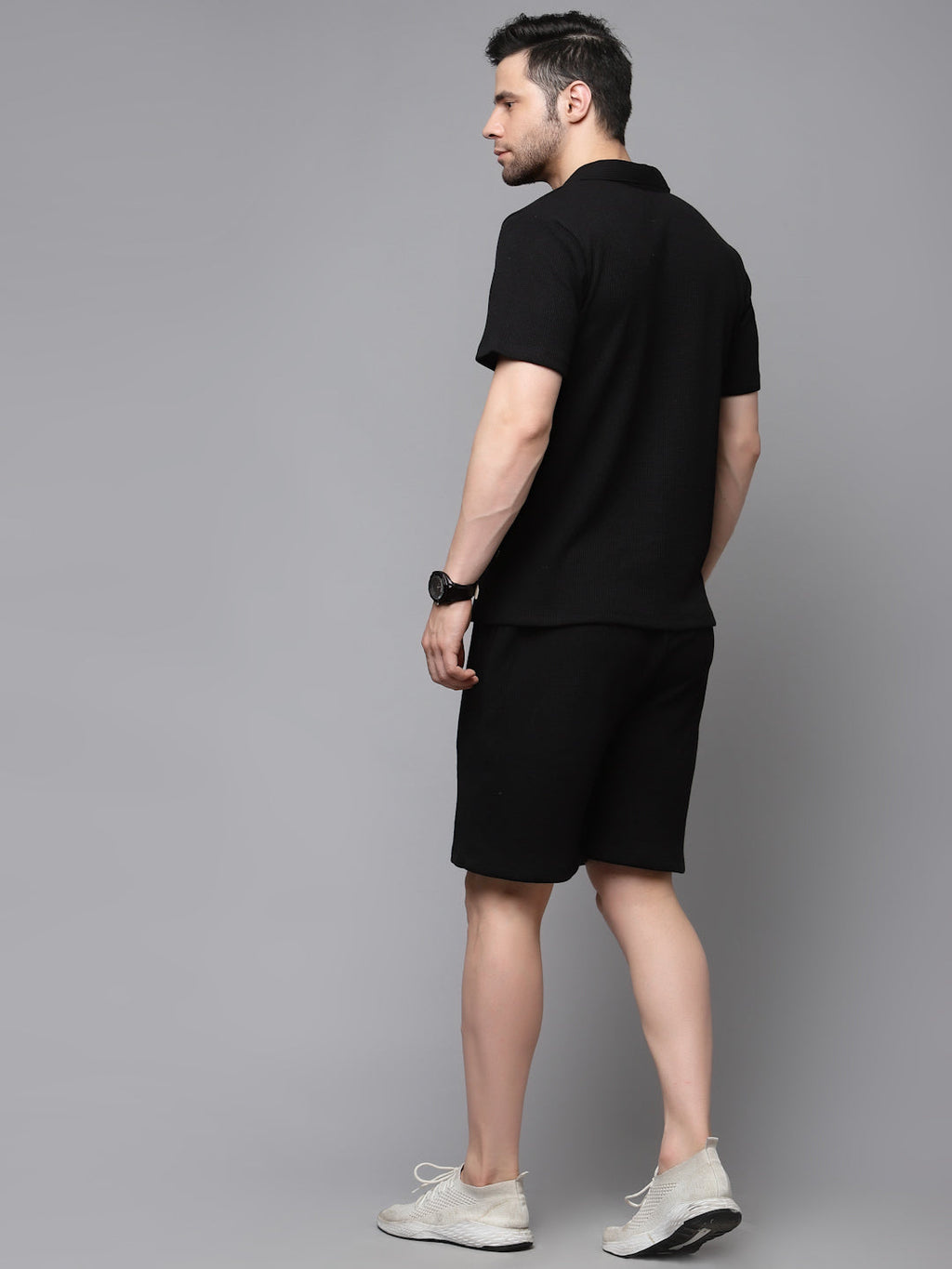 Self Textured Waffle Knit Black Co-Ord Set