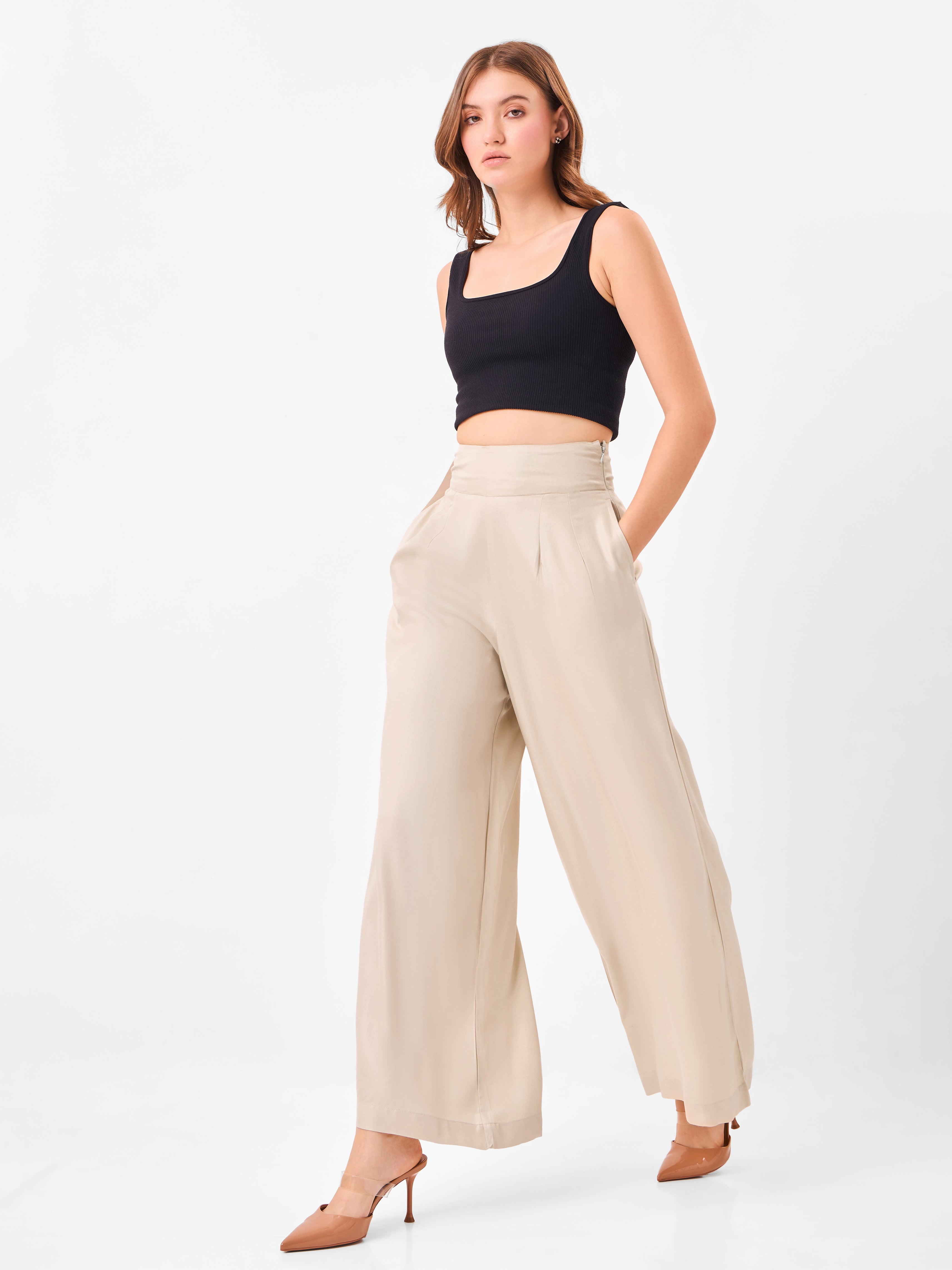Latte Flow High Waist Wide Leg Beige Pants