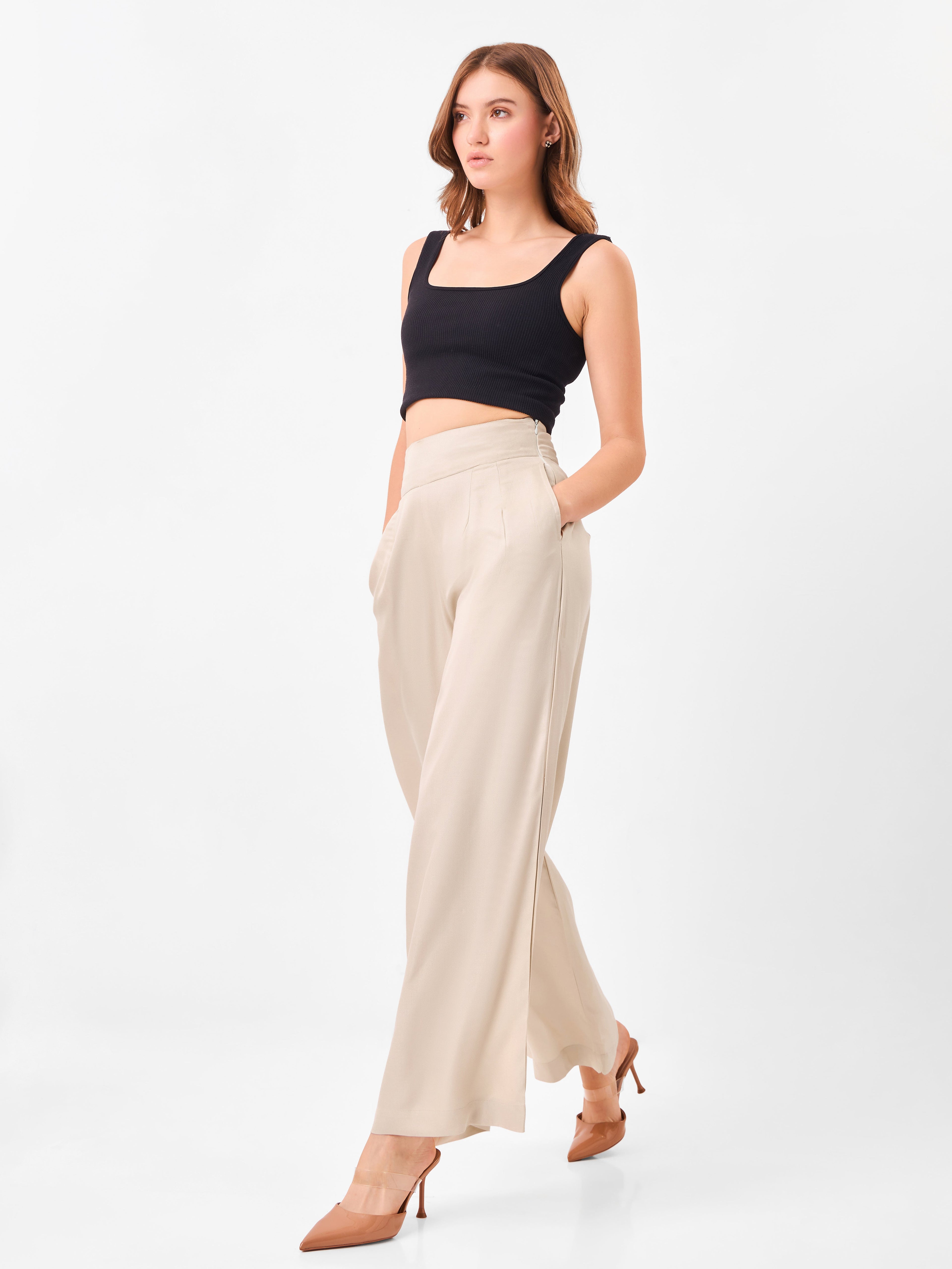 Latte Flow High Waist Wide Leg Beige Pants