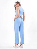 Female model wearing a light blue co-ord set from Stylera, showcasing backside