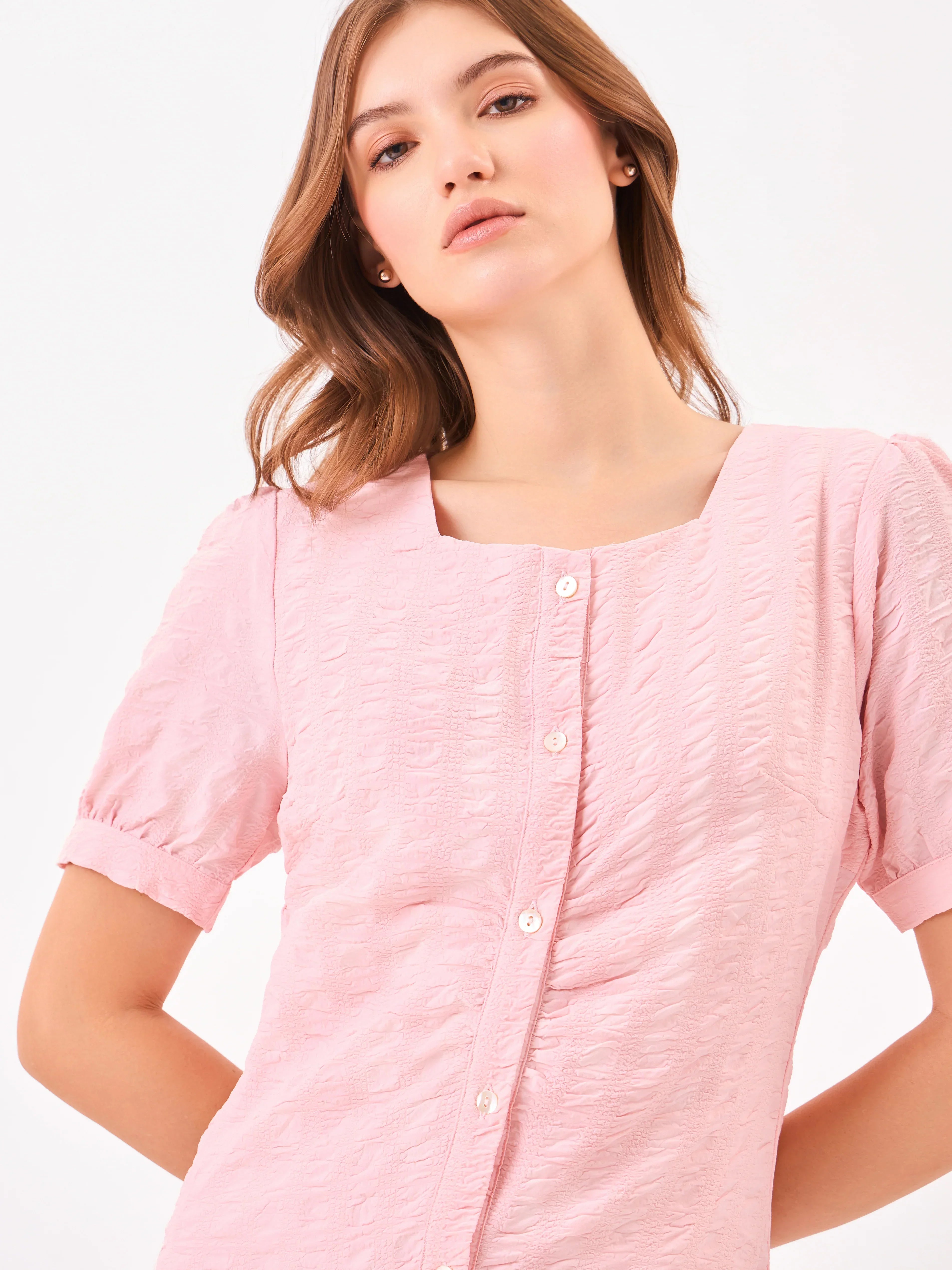 Cherry Blossom Square Neck Pink Shirt Dress