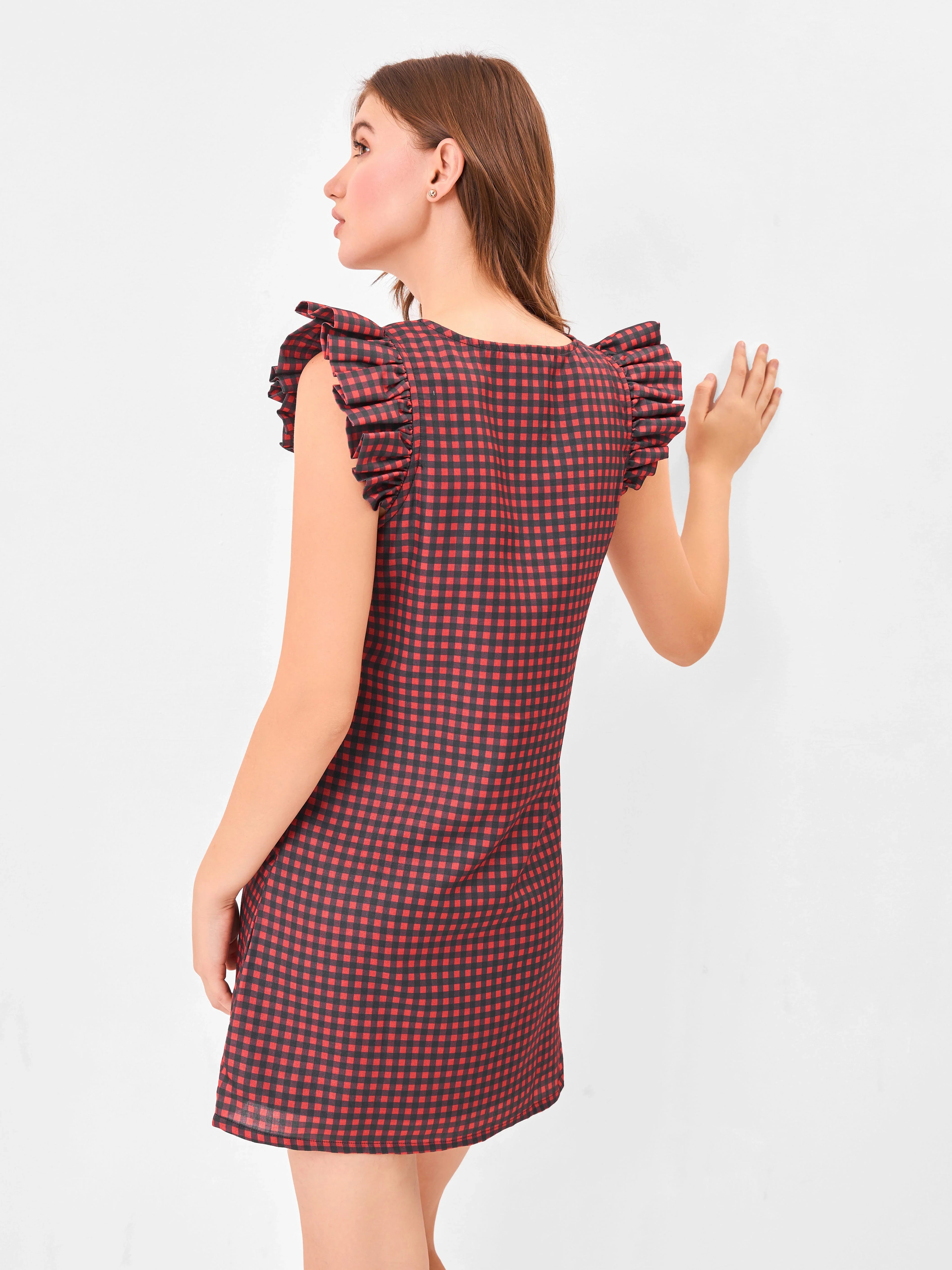 Scarlet Checkmate V-Neck Red & Black Mini Dress