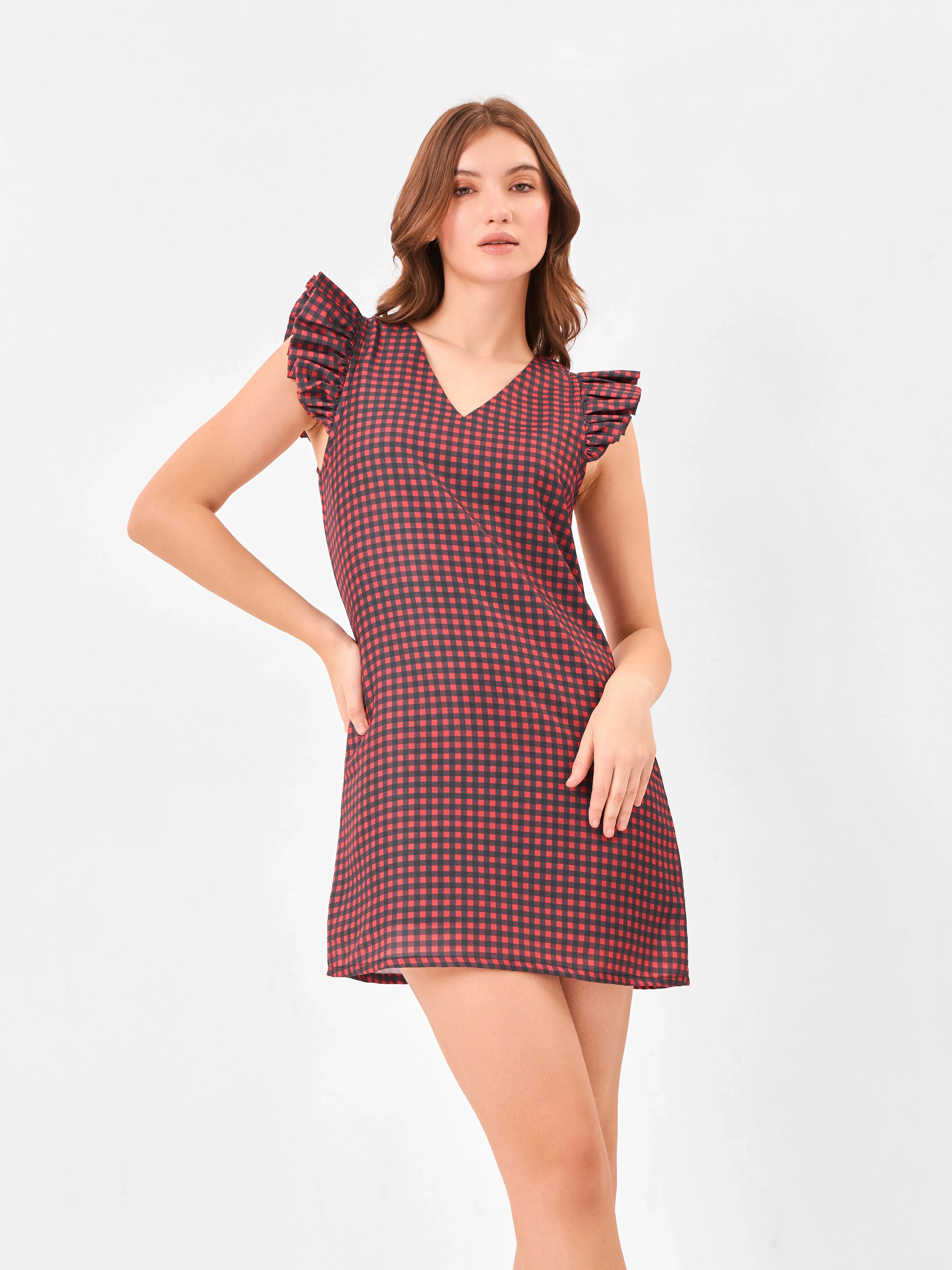 Scarlet Checkmate V-Neck Red & Black Mini Dress