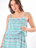 Female model wearing a square neck striped mini dress from Stylera