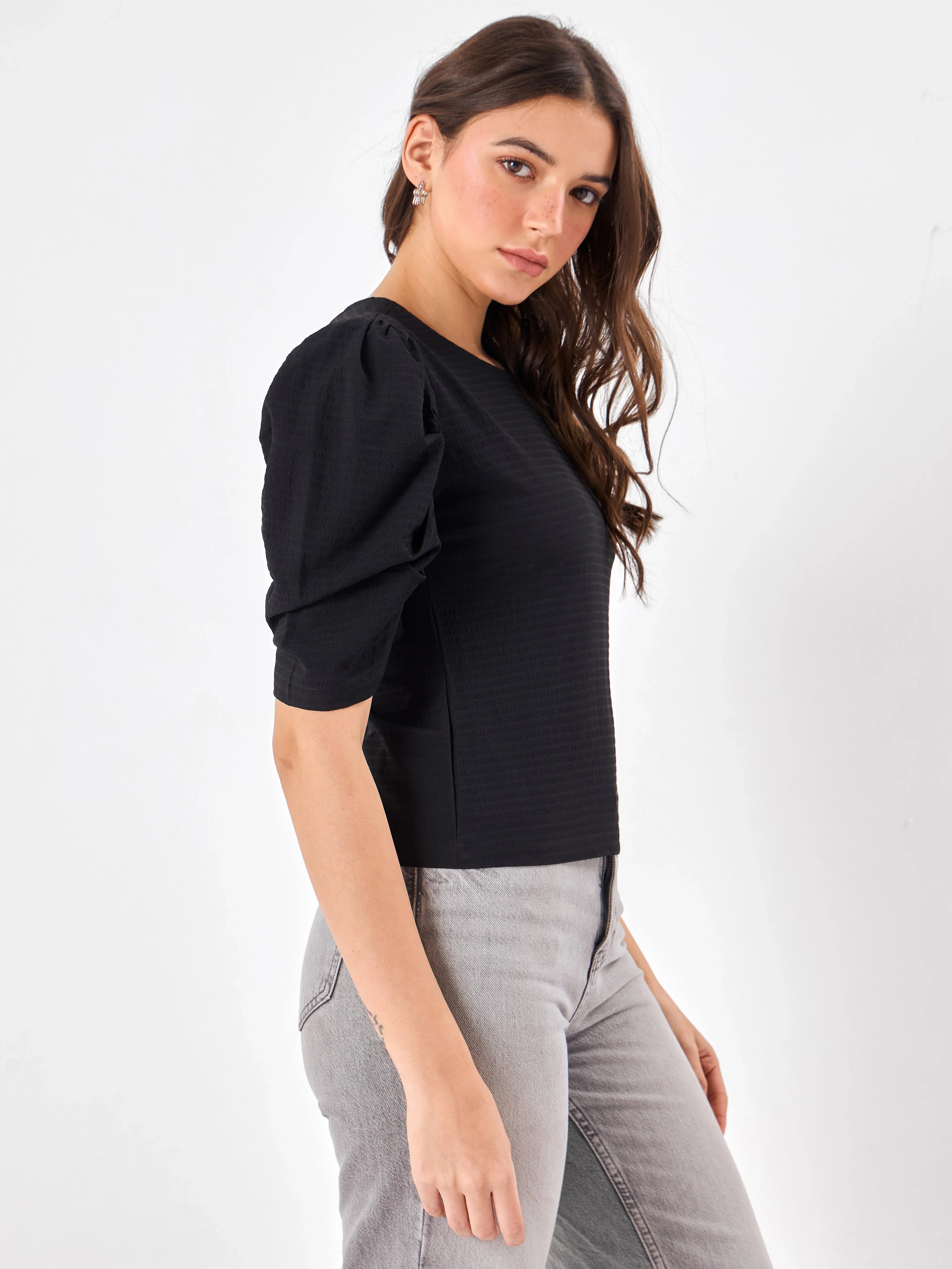 Shadow Chic Round Neck Black Top