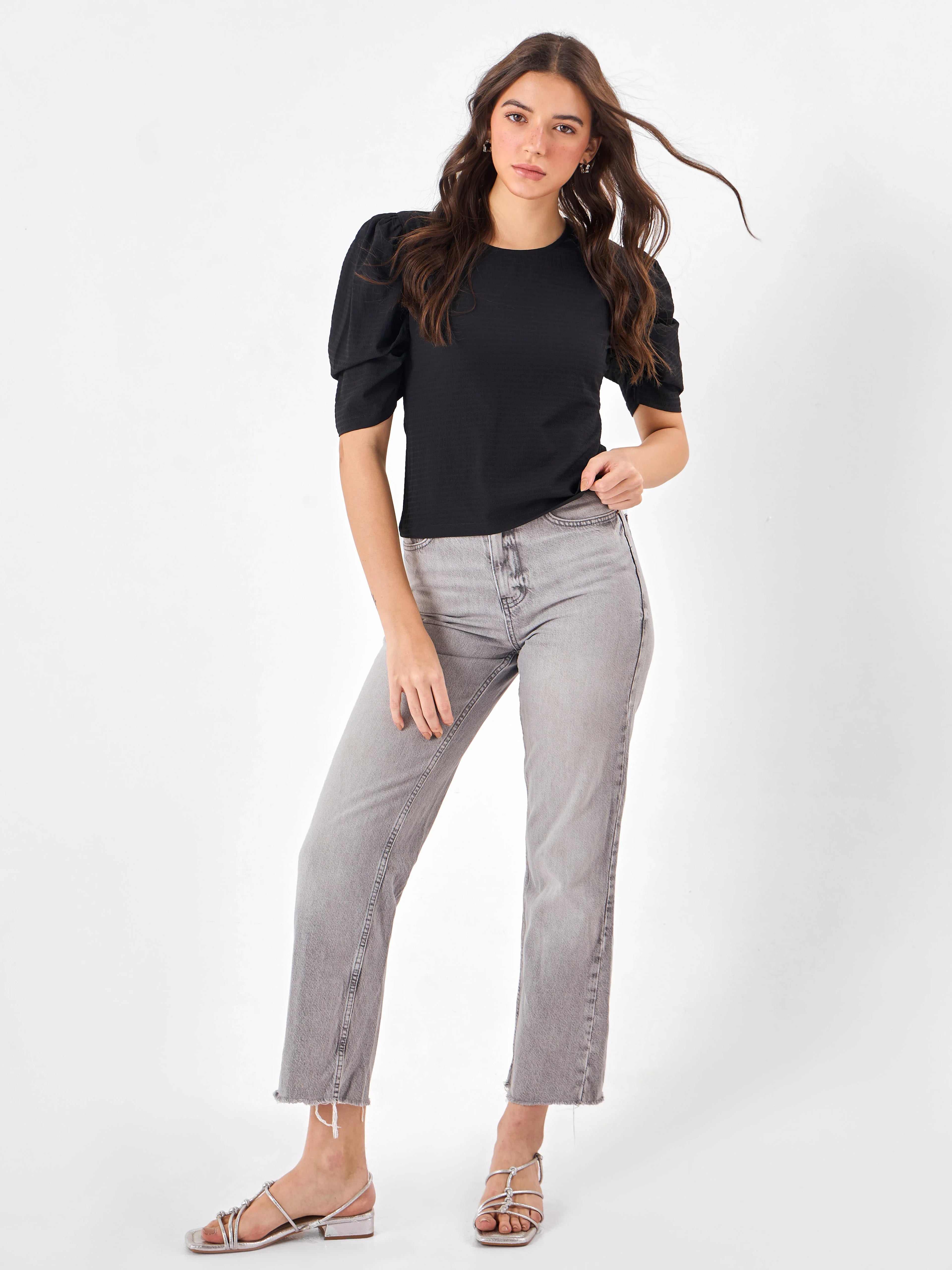 Shadow Chic Round Neck Black Top