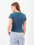 Casual Core Round Neck Teal Blue Top