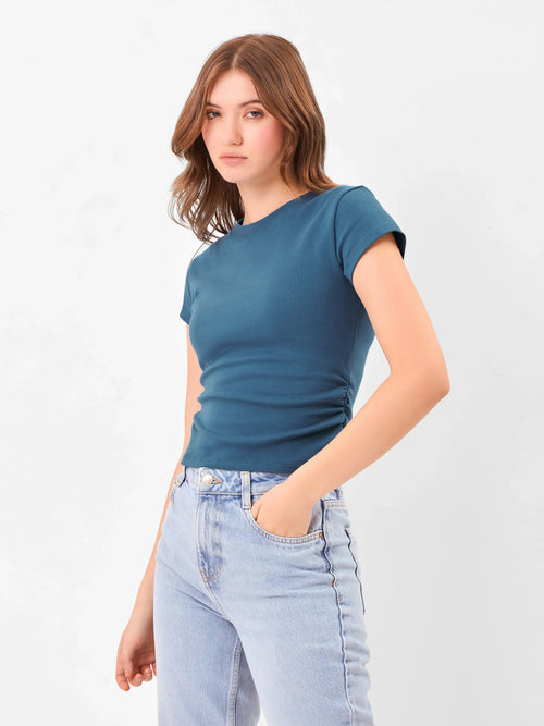 Casual Core Round Neck Teal Blue Top Zumee