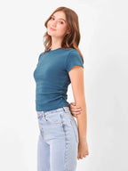 Casual Core Round Neck Teal Blue Top