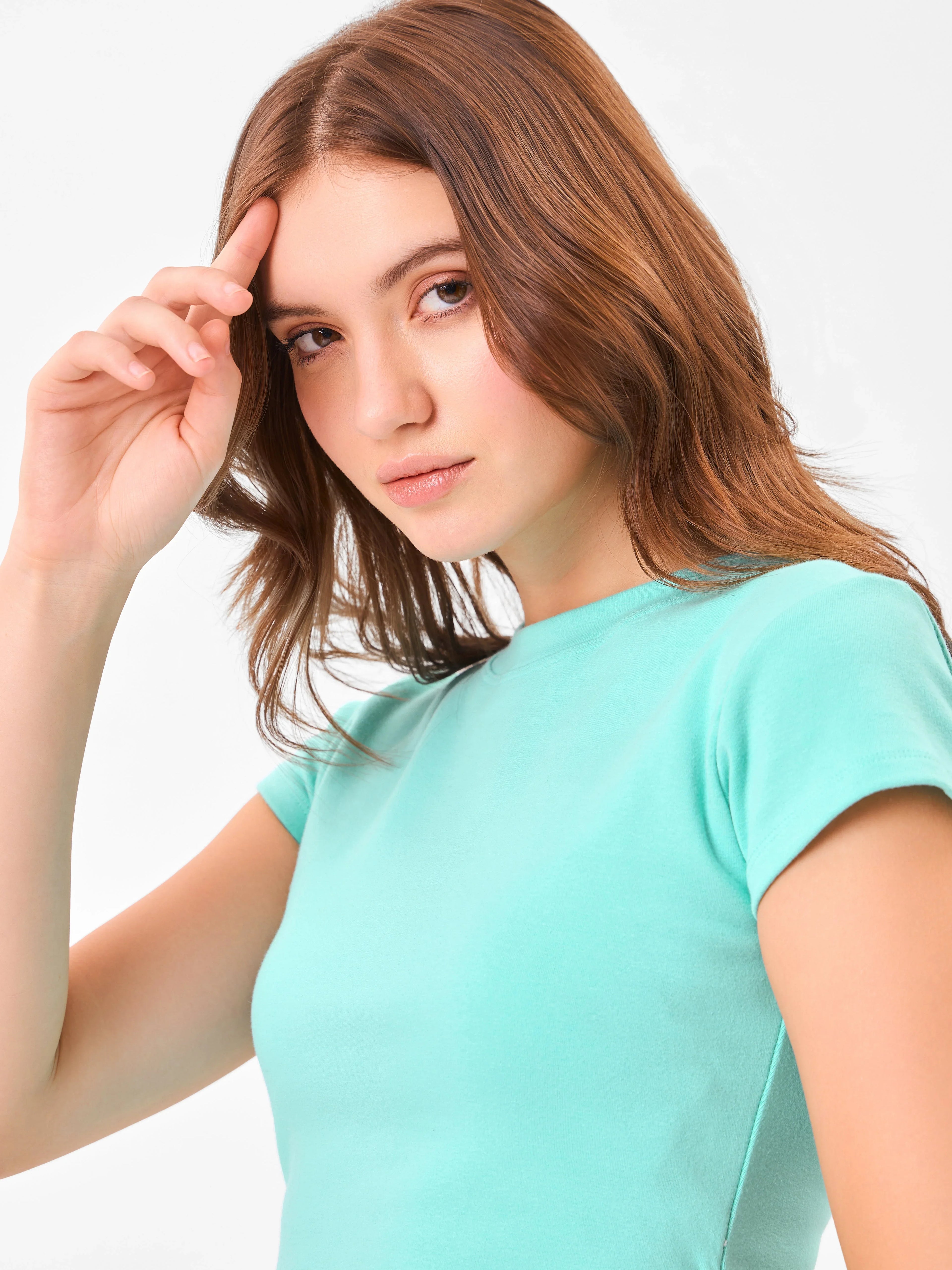 Casual Core Round Neck Aqua Blue Top