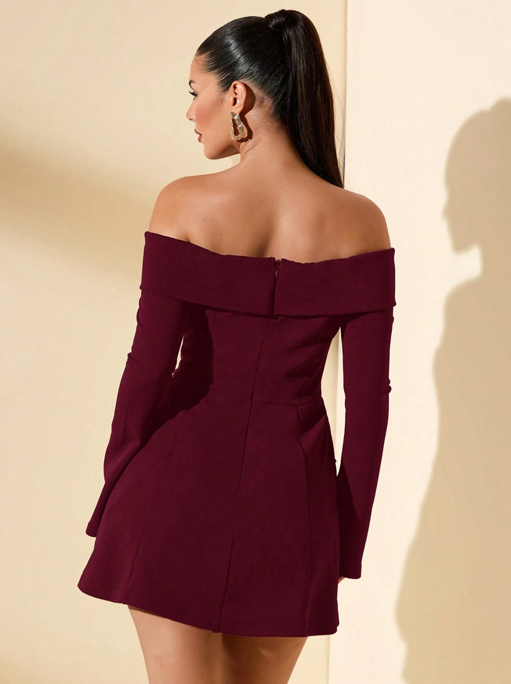 Burgundy Off Shoulder Dress With Long Sleeve De Novoo