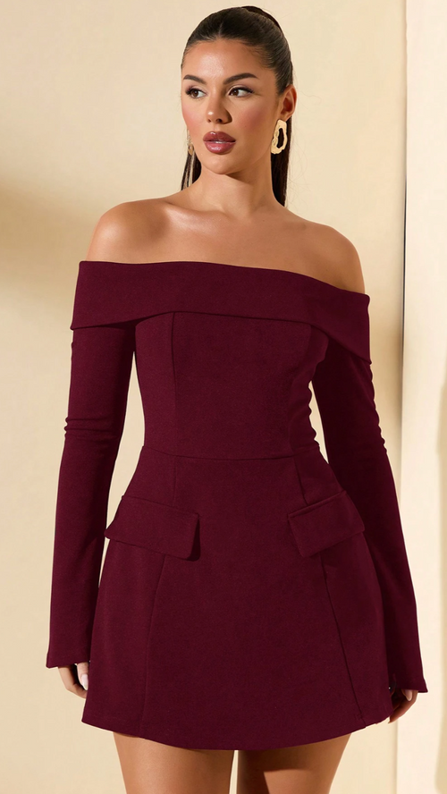 Burgundy Off Shoulder Dress With Long Sleeve De Novoo