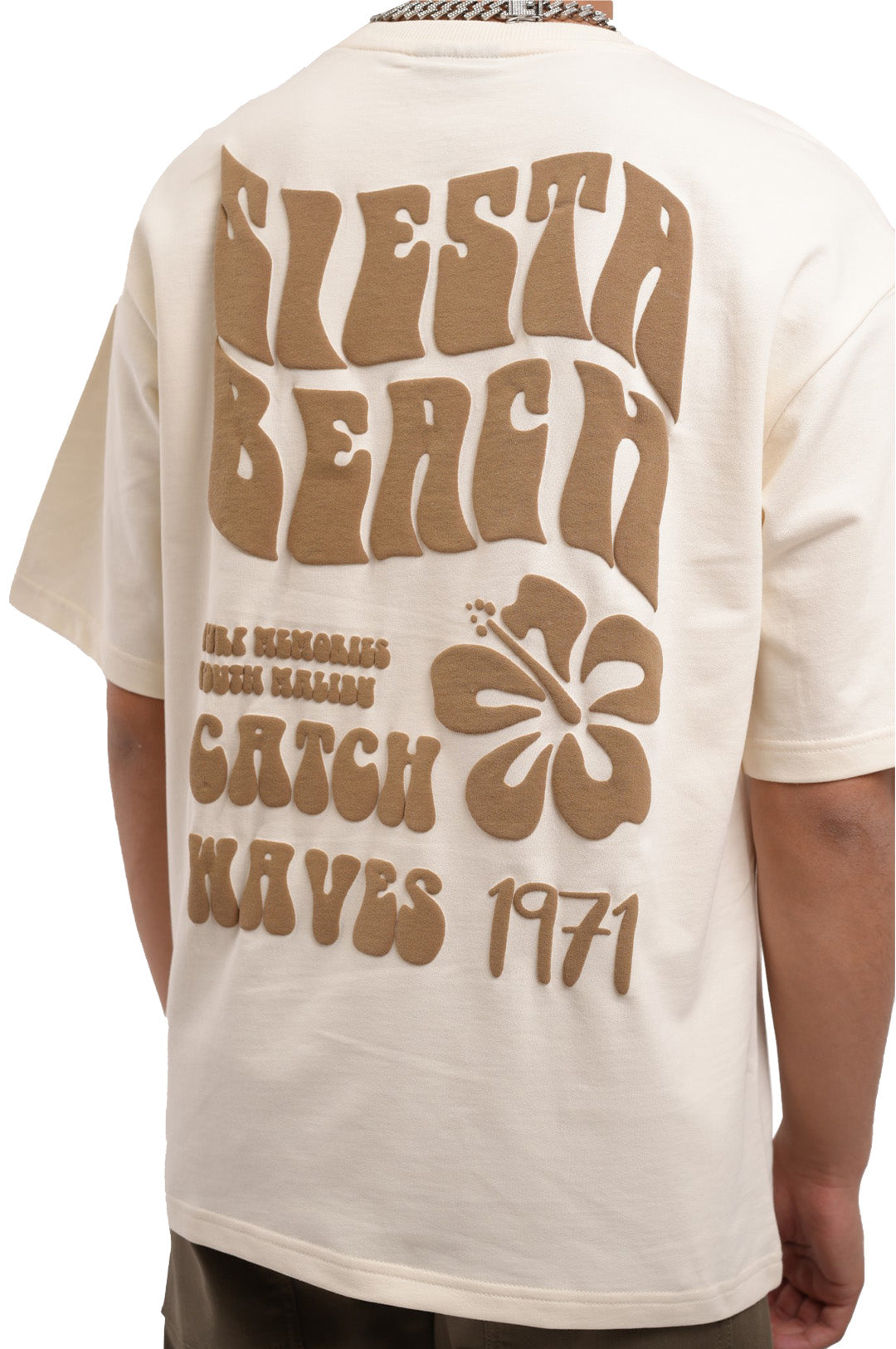 Siesta Beach Printed Oversized Beige T-Shirt
