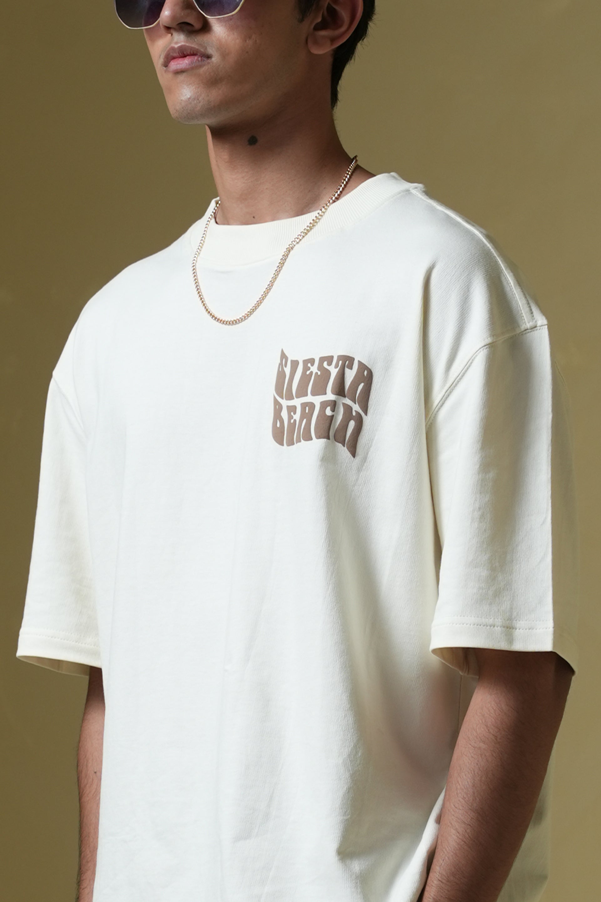 Siesta Beach Printed Oversized Beige T-Shirt Main Character