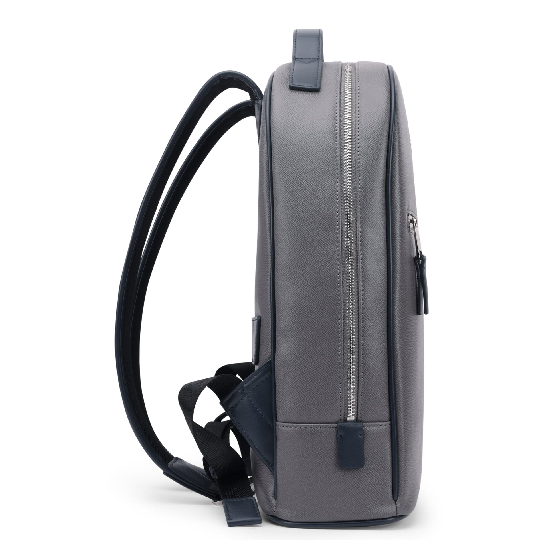 Stylera Apex Backpack for work and travel slim grey leather laptop backpack side view with padded straps