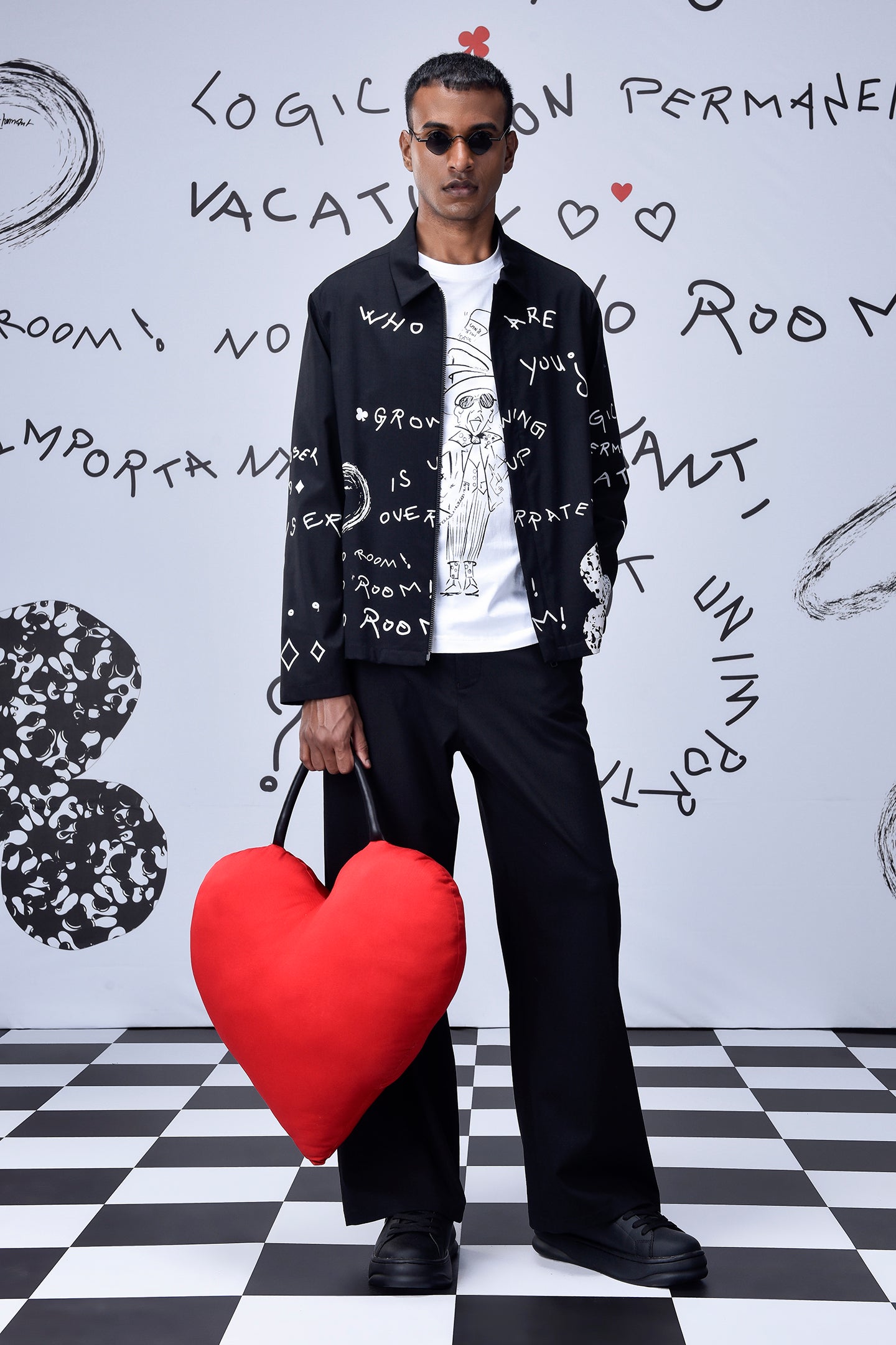 Black casual wool jacket men by Stylera worn with graphic white shirt and black pants