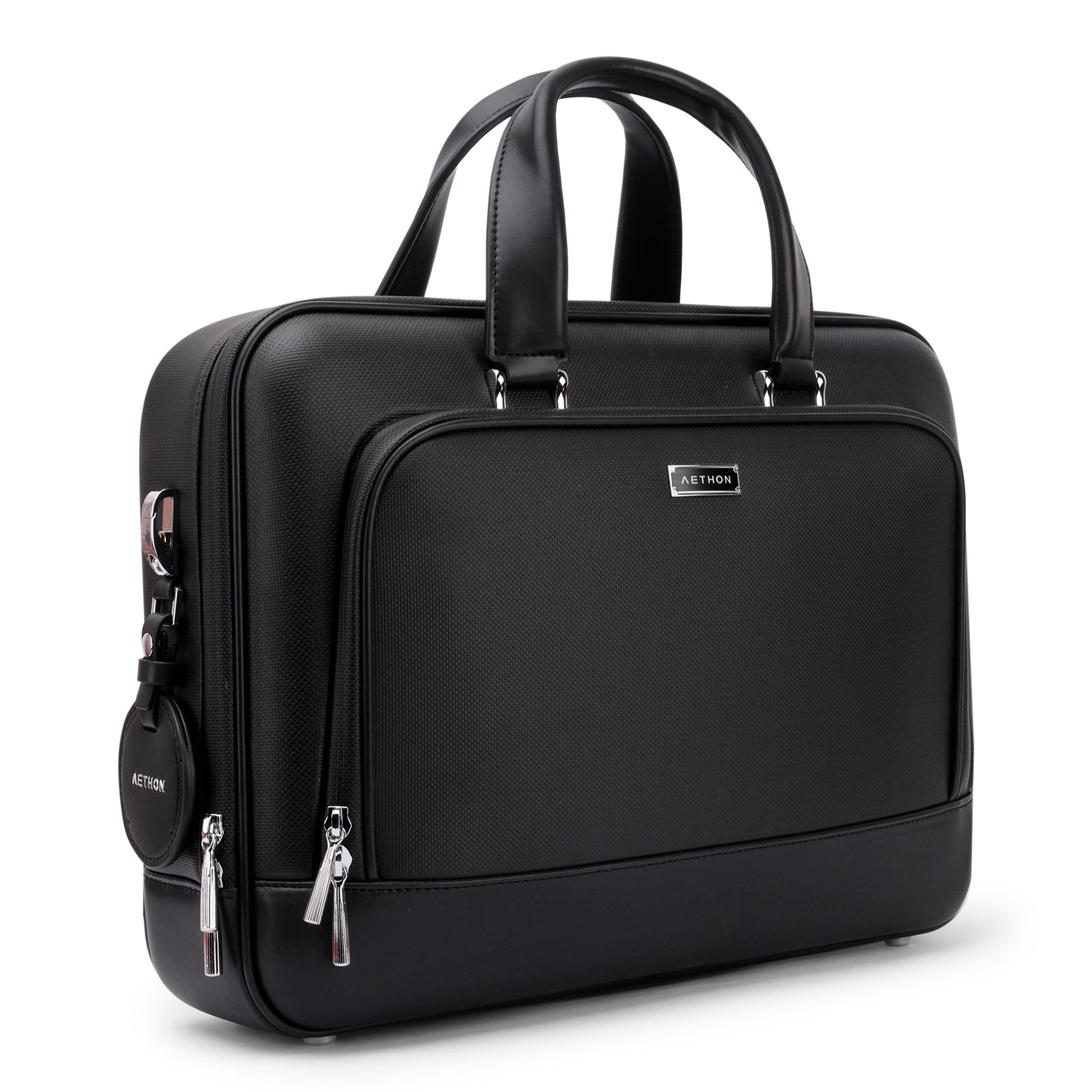 Stylera black leather business briefcase with dual top handles front zip pocket and metal hardware