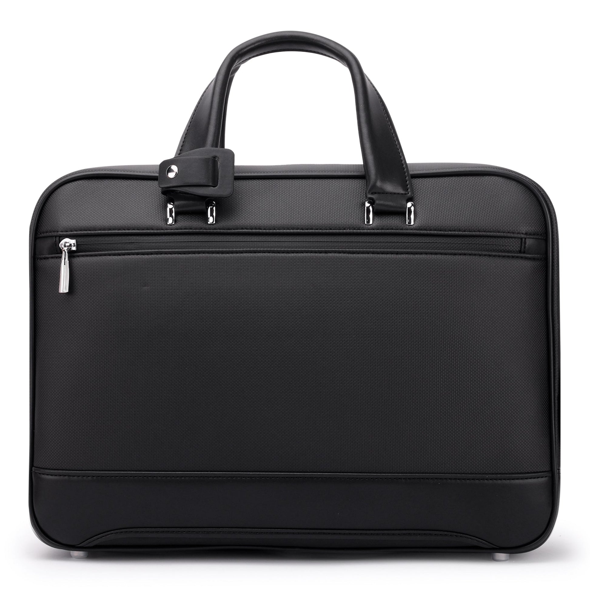 Stylera black leather business briefcase with top handles front zip pocket and sleek structured design