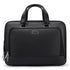 Stylera black leather business briefcase with dual top handles front zip pocket and silver zipper accents