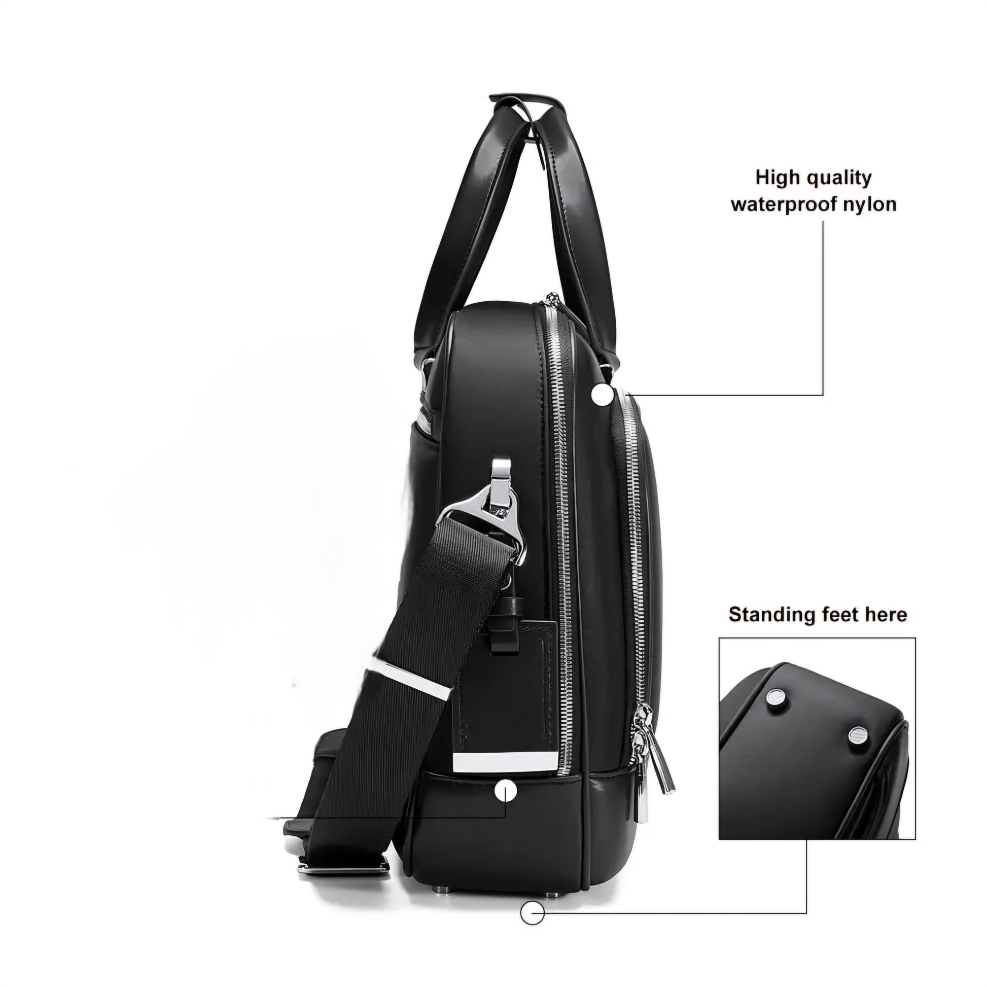 Stylera black leather business briefcase side view with shoulder strap top handle double zip and standing feet