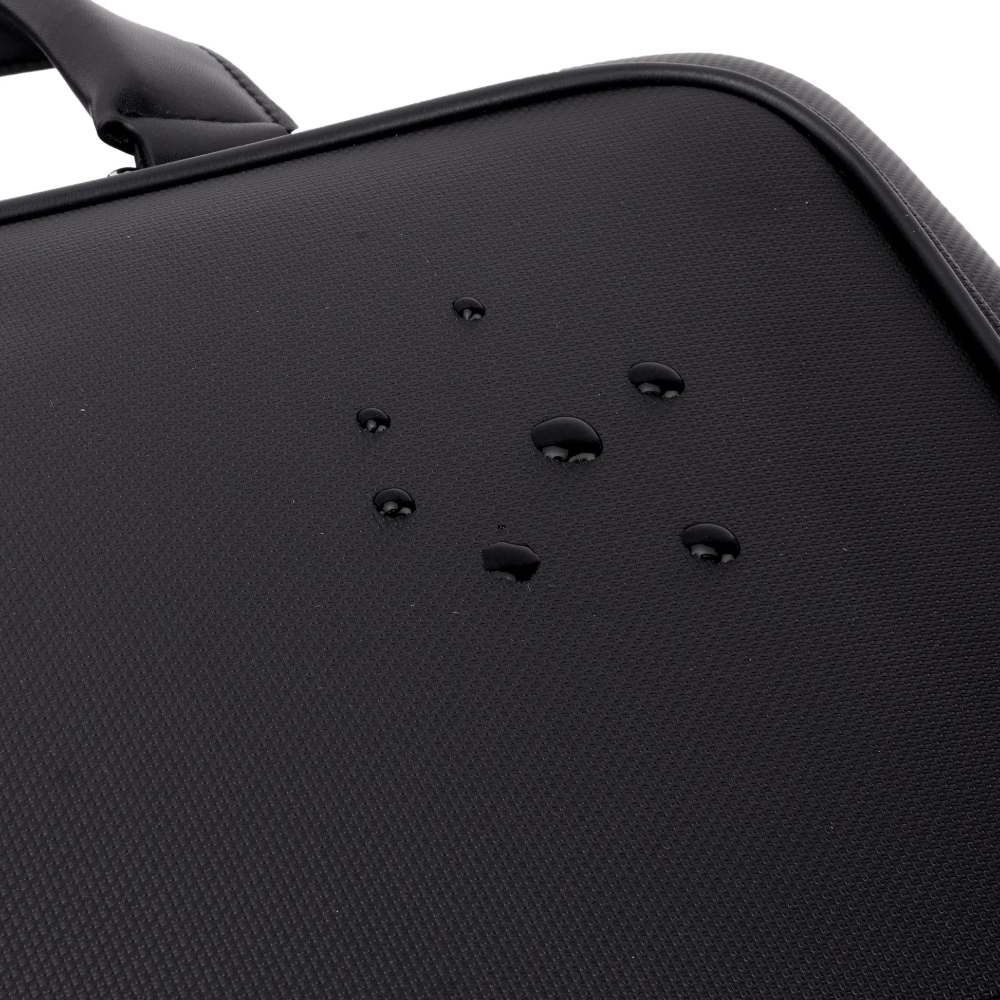 Stylera black leather business briefcase closeup showing textured water resistant surface and droplets