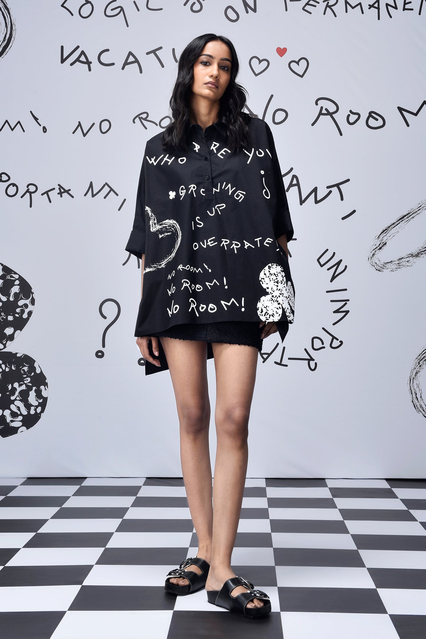 Stylera black scribble print shirt oversized short sleeve tunic with doodle hearts