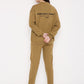 Back view of Stylera brown graphic sweatshirt for men with black logo print paired with matching joggers