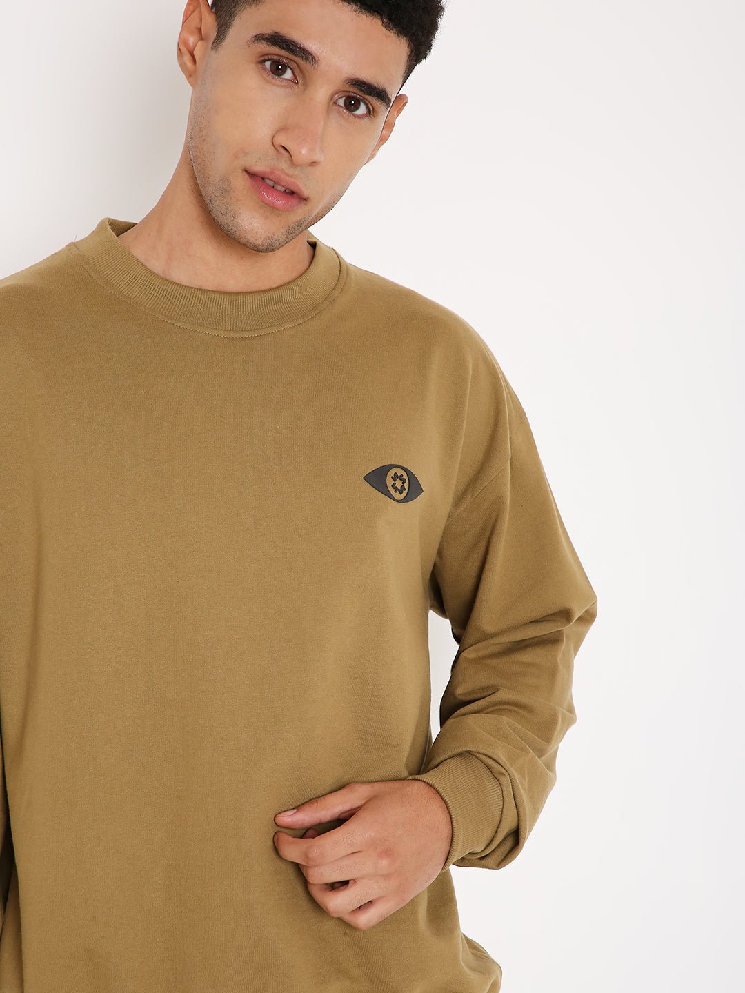 Stylera brown graphic sweatshirt for men crewneck long sleeve relaxed fit with small chest logo